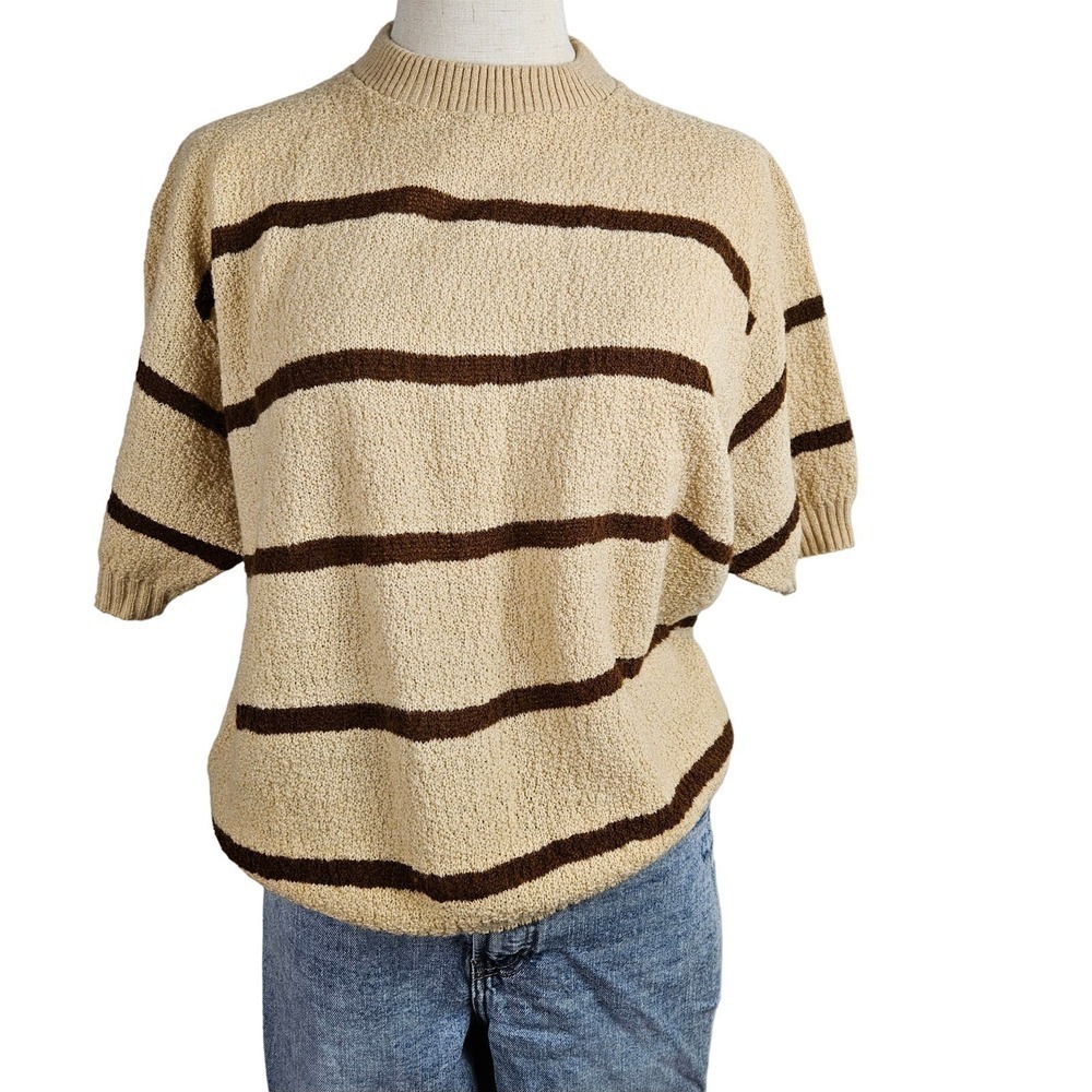 Vintage Golden Vee 70s Short Sleeve Stripe Sweater L Tan Brown Boulce Textured‎
